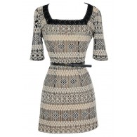 Delicate Designs Square Neck Belted Lace Dress in Black/Beige